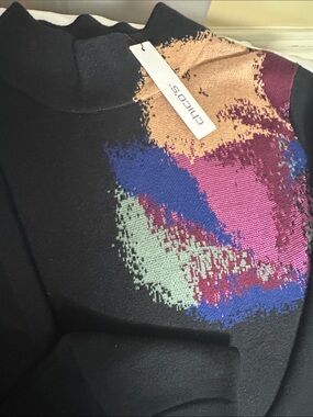 Chico's Black Sweater with Pink, Blue, Green, Tan Abstract Knit